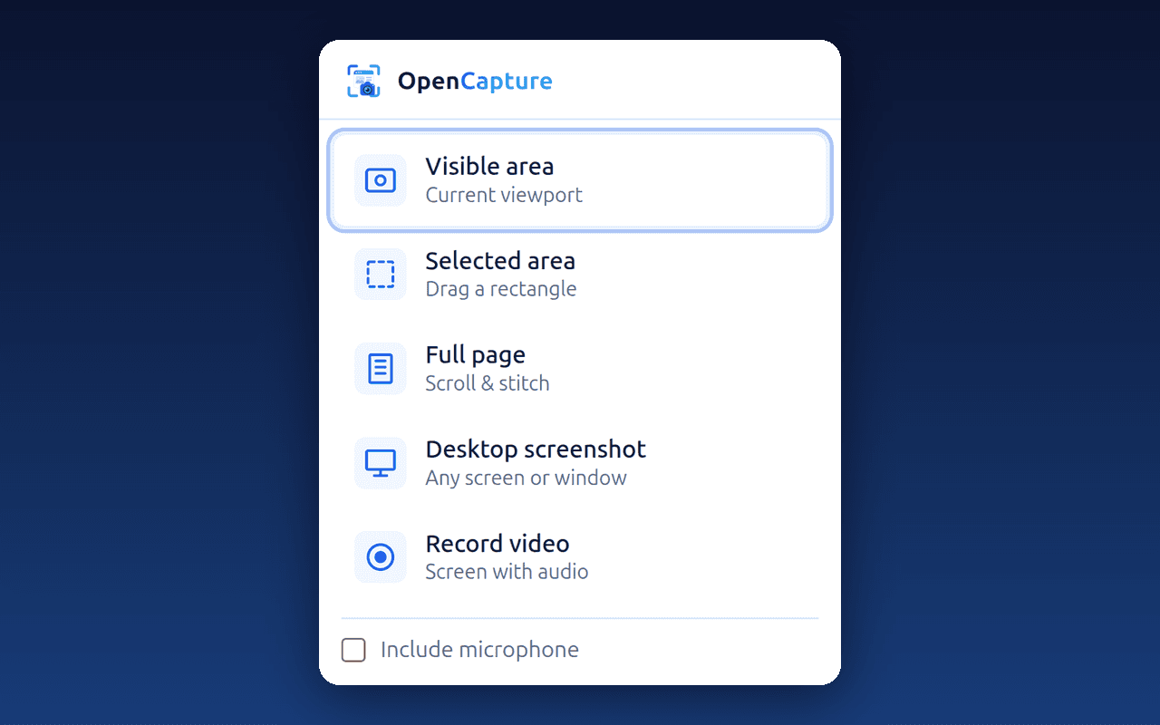 OpenCapture extension popup showing the five capture modes