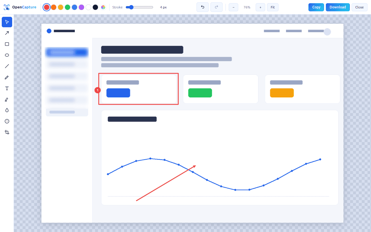 OpenCapture annotation editor with arrow, rectangle, ellipse, line, pen, text, highlighter, blur, numbered steps, and crop tools